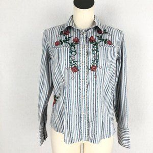 Country Royalty Women's Size Small Blue White Striped Button Front Shirt